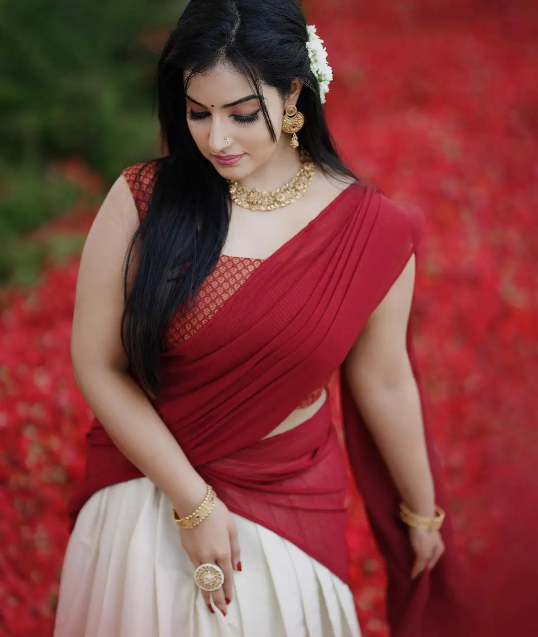 Malavika Menon In South Indian Traditional Red Half Saree Voni Blouse